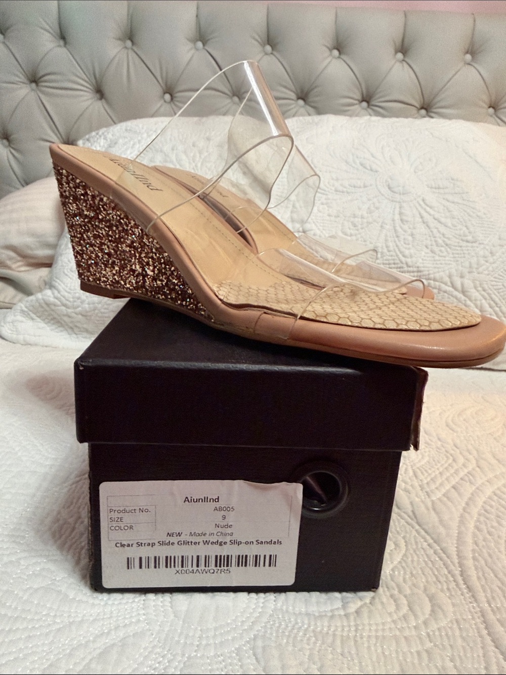 Nude Clear Strap Glitter Wedge Sandals